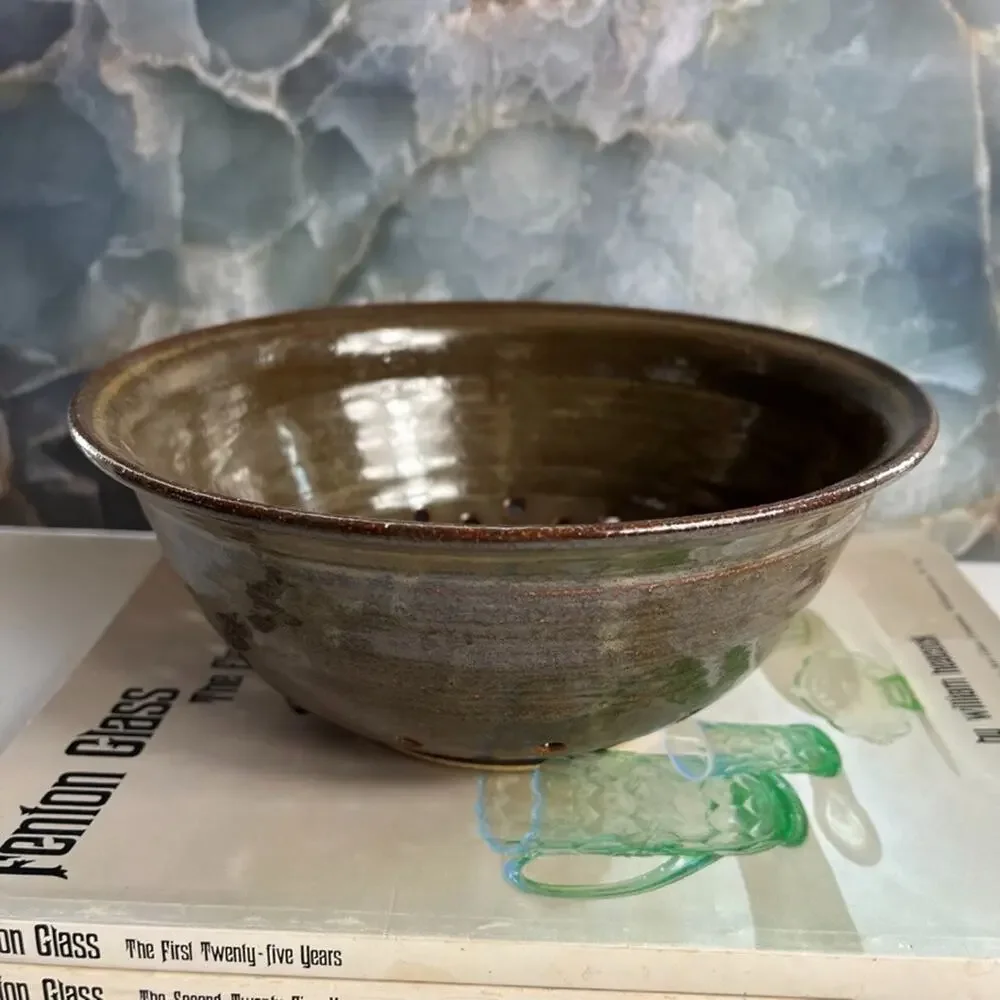 Studio Art Colander 8.5 in Stoneware Green Brown Rim Swirl Glazed Earth Toned